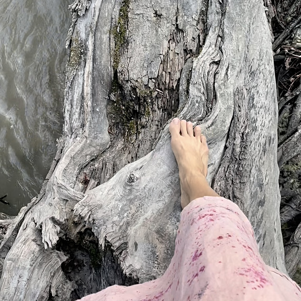 mezítláb lépés egy fatörzsön a Duna felett